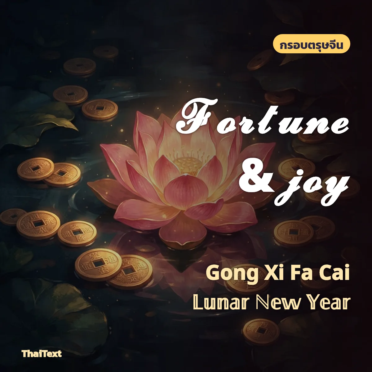ข้อความ Fortune and joy พร้อม Gong Xi Fa Cai และ Lunar New Year บนภาพดอกบัวกับเหรียญทอง