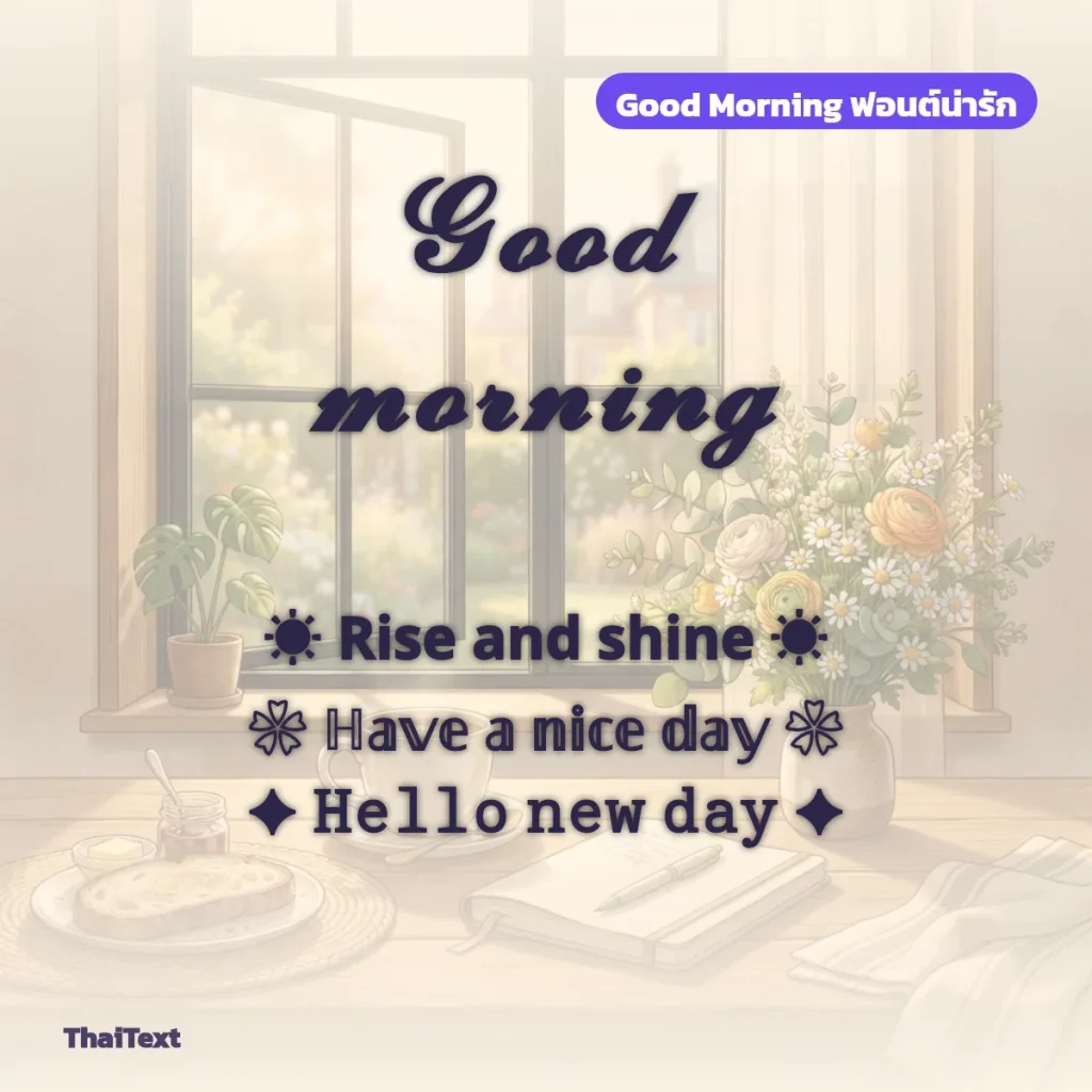 ข้อความ Good morning ฟอนต์ตัวเขียน พร้อม Rise and shine และ Hello new day บนภาพหน้าต่างยามเช้า
