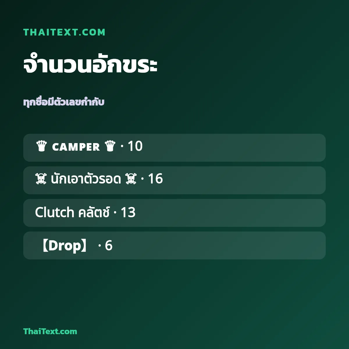 ตัวอย่างชื่อพร้อมจำนวนอักขระ — PUBG Mobile