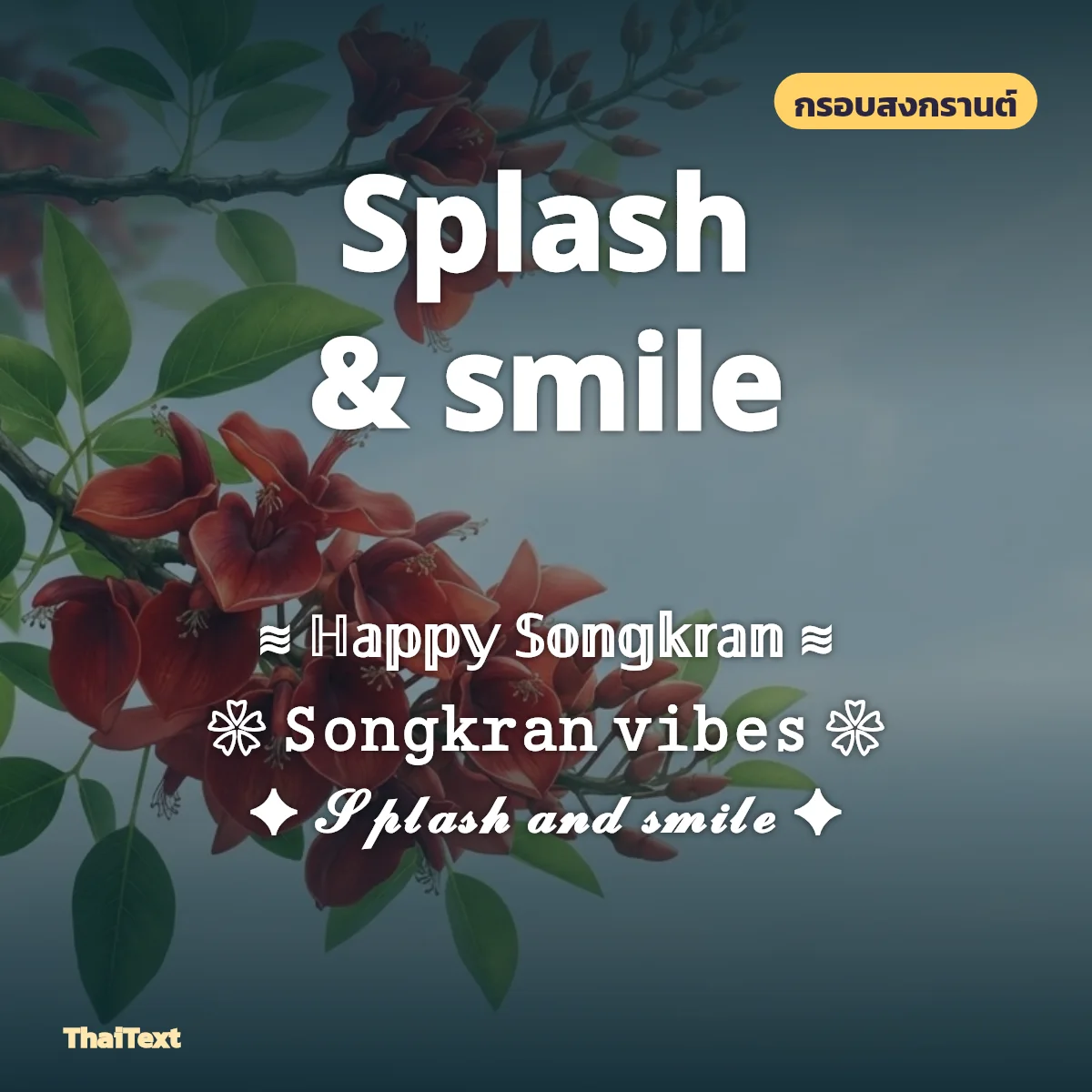 ข้อความ Splash and smile พร้อมกรอบ Happy Songkran และ Songkran vibes บนภาพดอกไม้สีแดงใต้ท้องฟ้า