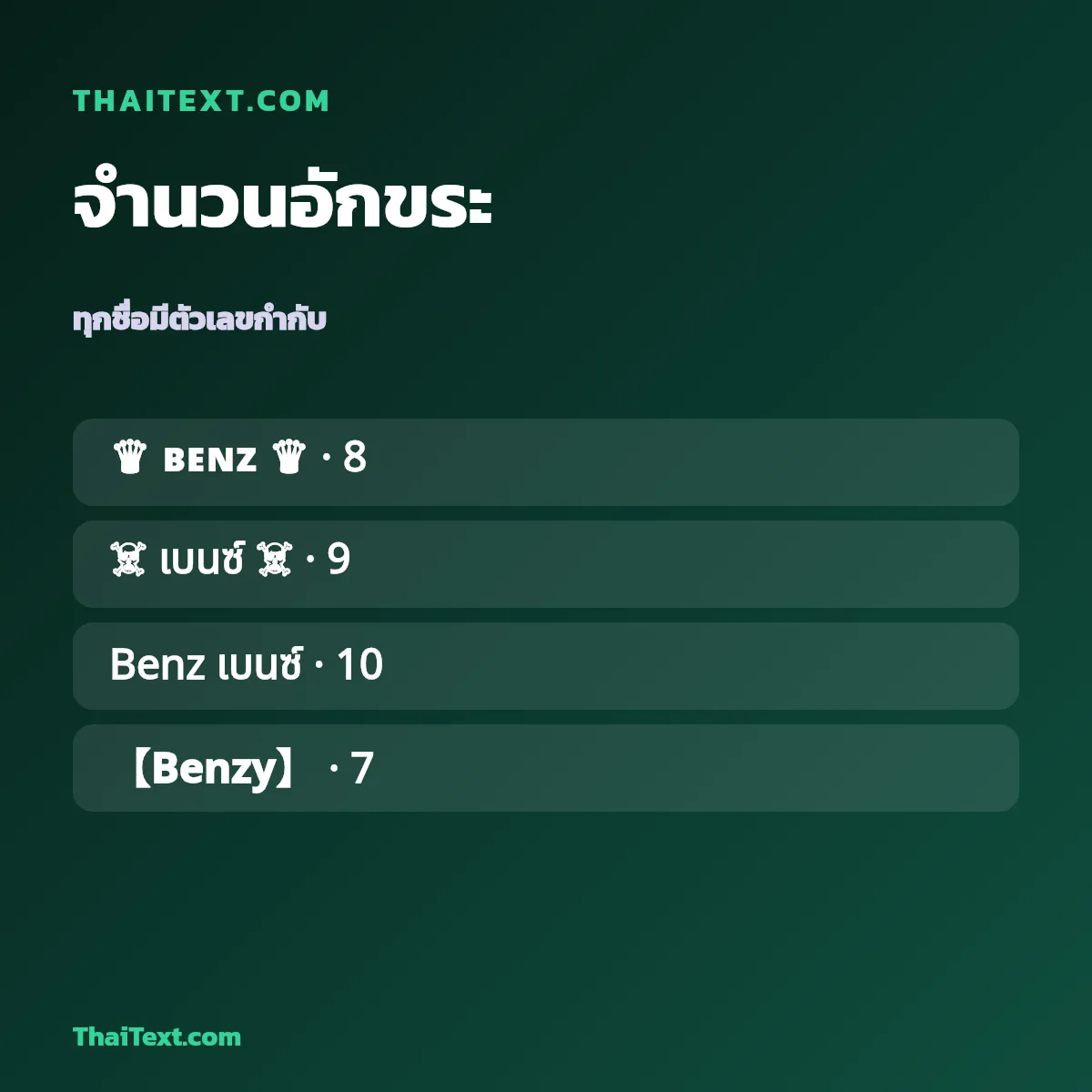 ตัวอย่างชื่อพร้อมจำนวนอักขระ — เบนซ์