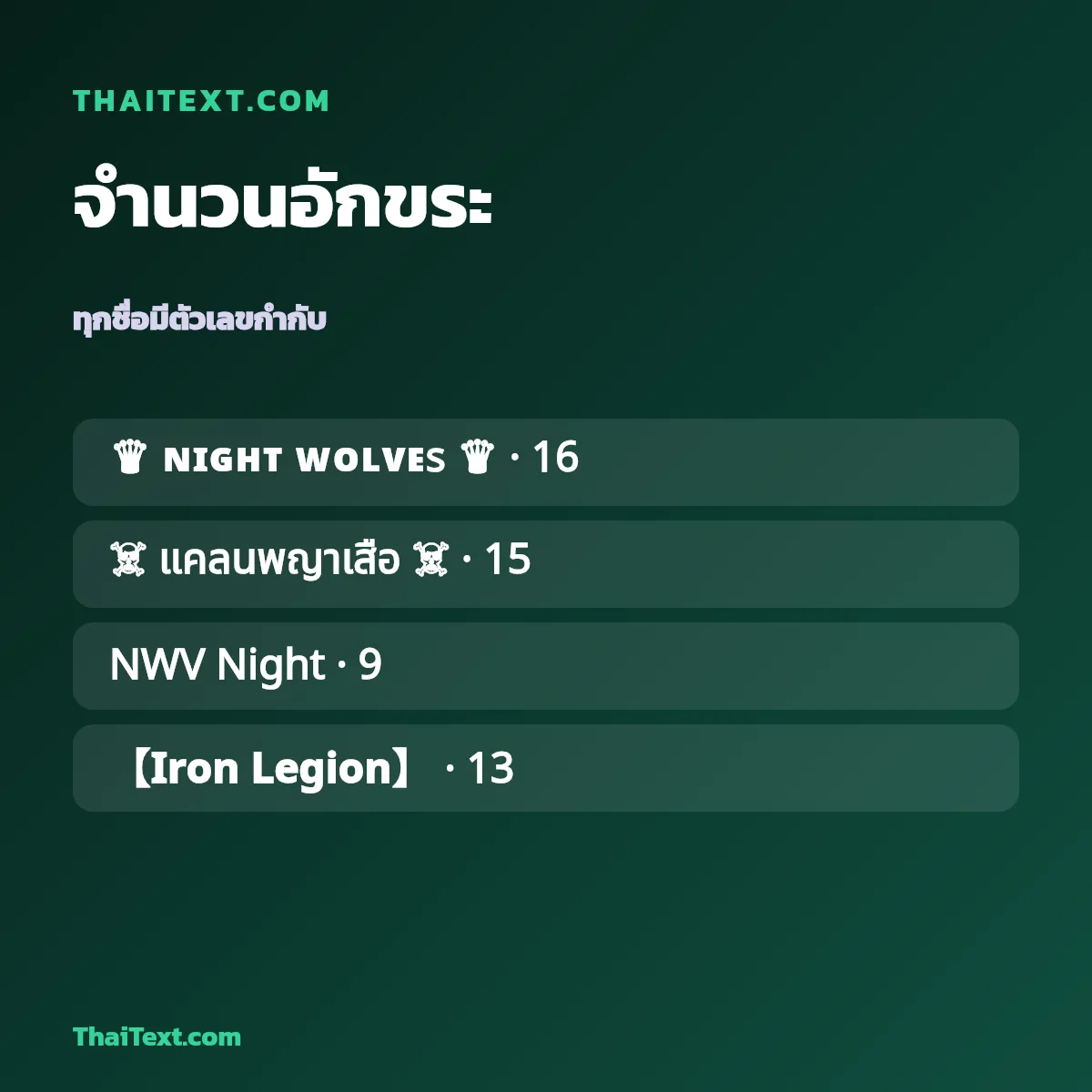 ตัวอย่างชื่อพร้อมจำนวนอักขระ — แคลนในเกม