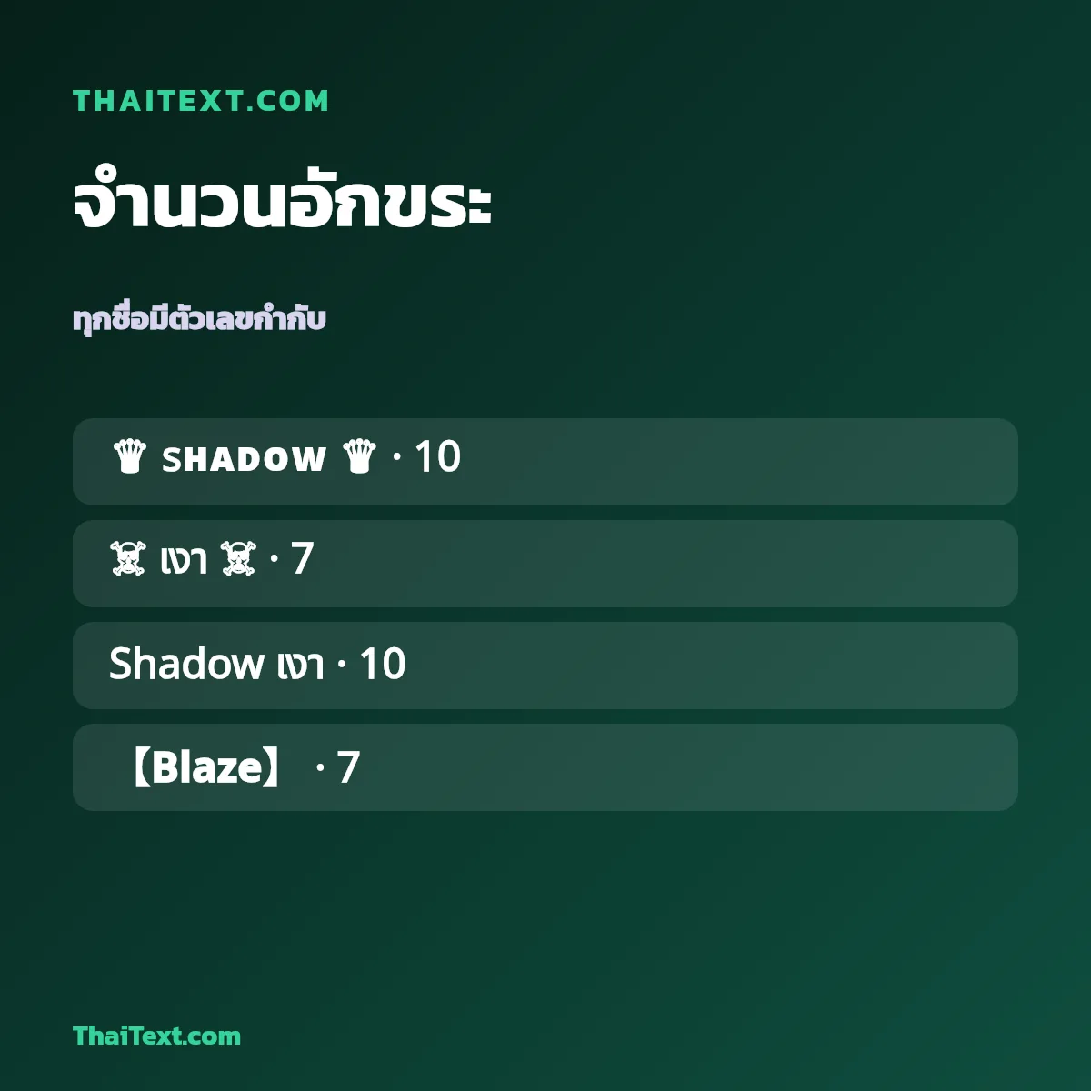 ตัวอย่างชื่อพร้อมจำนวนอักขระ — เกมทั่วไป